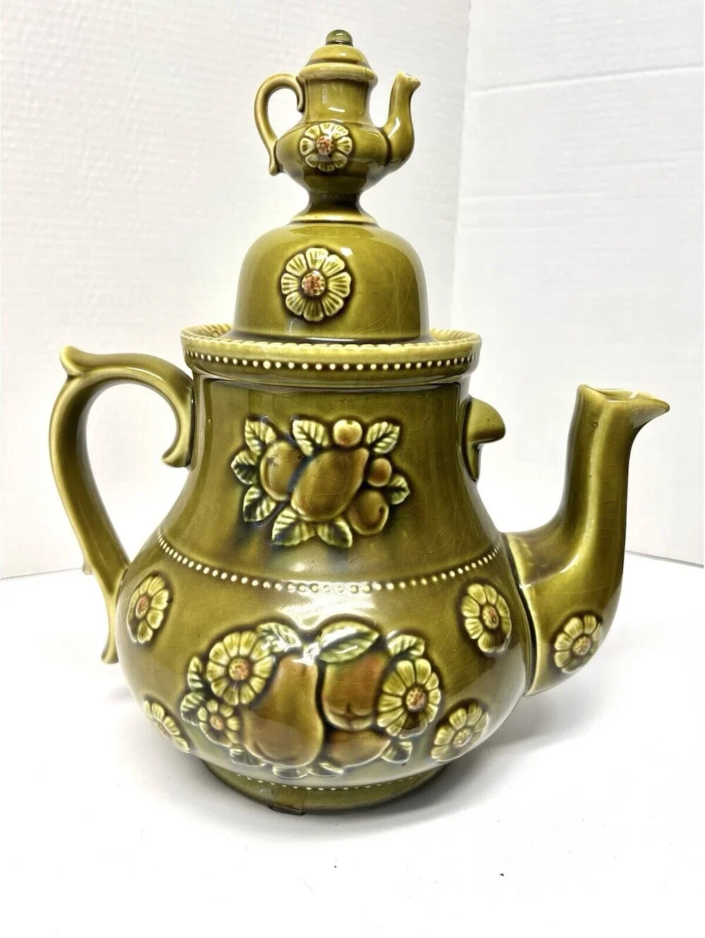 Vintage Apco Japan 60's Retro MCM Teapot Cookie Jar Canister Olive Green